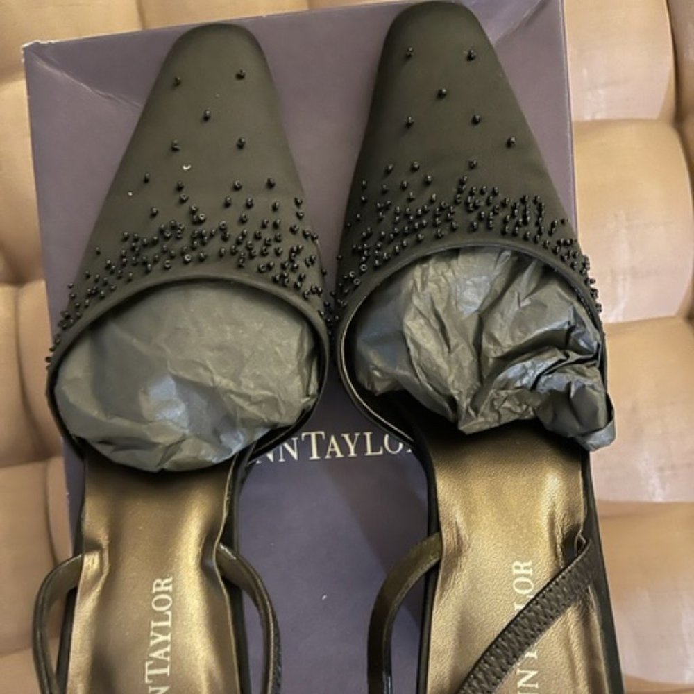 Black satin beaded slingback shoes by Ann Taylor